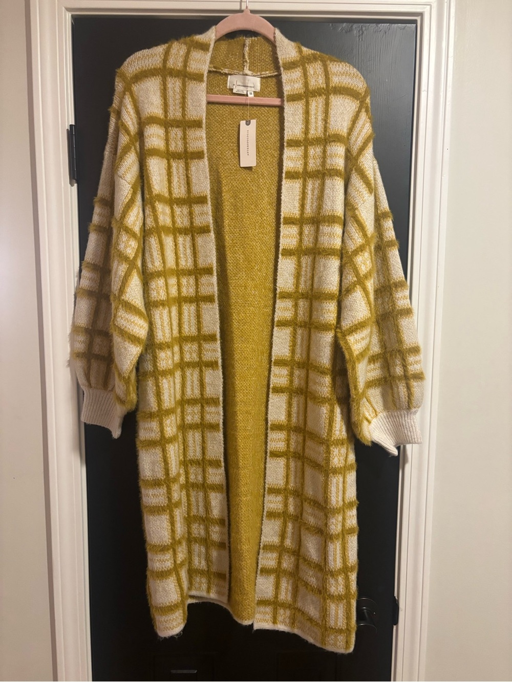 Anthropologie Mustard and White Plaid Open-Front Cardigan